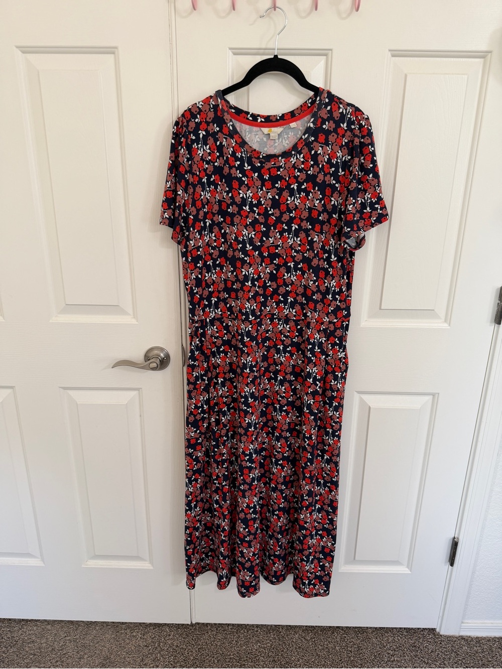 Boden US 12 Navy Red Floral Jersey Maxi Dress Short Sleeve Cottagecore